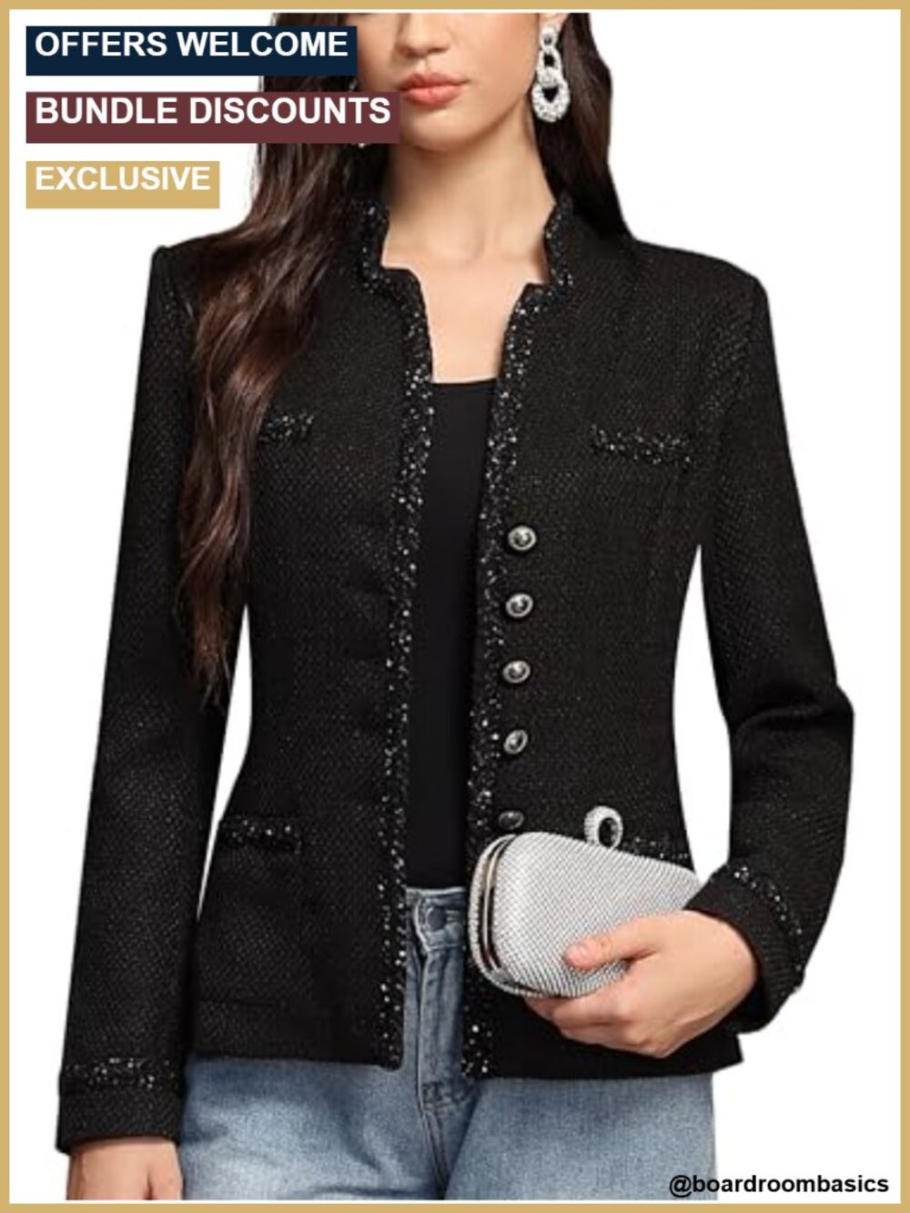 Women Tweed Blazer Tailored Notch Lapel Suit Jacket